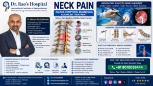 Dr. Mohana Rao Patibandla with advanced endoscopic-assisted spine surgery illustration for neck pain treatment, cervical disc herniation, cervical spondylosis, and minimally invasive spine surgery at Dr. Rao's Hospital – International Institute of Neurosciences, Guntur.