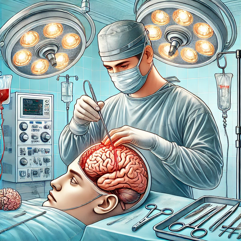 Illustration of a craniectomy procedure showing a patient's skull partially opened to expose the brain, performed in a modern operating room.