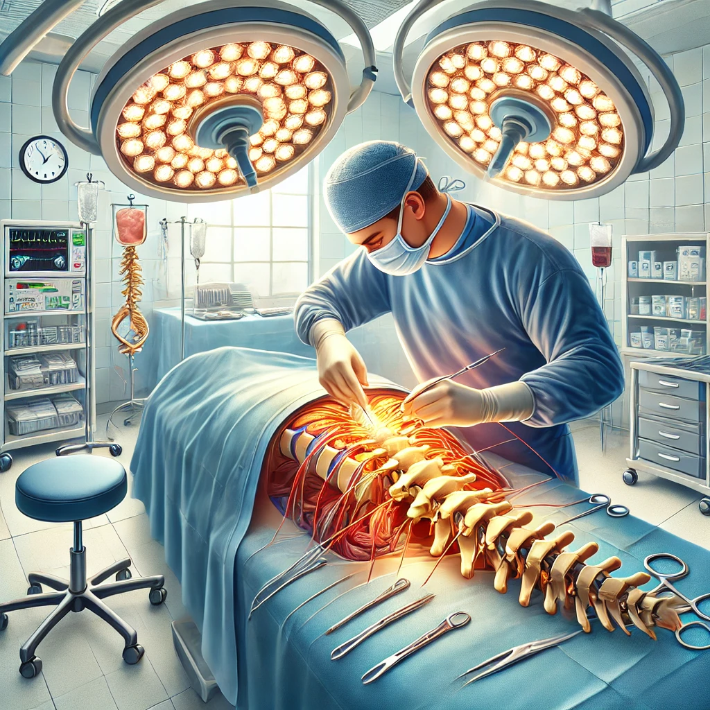 Illustration of a Laminectomy procedure showing a patient's skull partially opened to expose the brain, performed in a modern operating room.