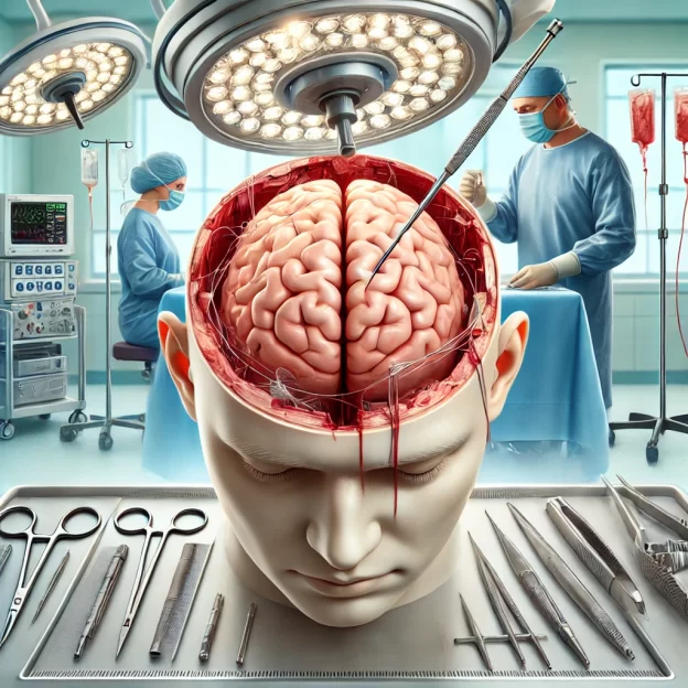 Illustration of a craniotomy procedure showing a patient's skull partially opened to expose the brain, performed in a modern operating room.