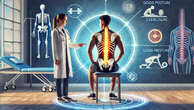 A professional medical illustration of a doctor in a white coat explaining spine health to a patient. The patient is sitting with proper posture, and a glowing spine highlights key areas of concern. Surrounding the scene are visual icons representing exercises, good posture, stretching, and healthy lifestyle tips. The background features a calming blue medical theme, symbolizing expert care at Dr. Rao’s Hospital.