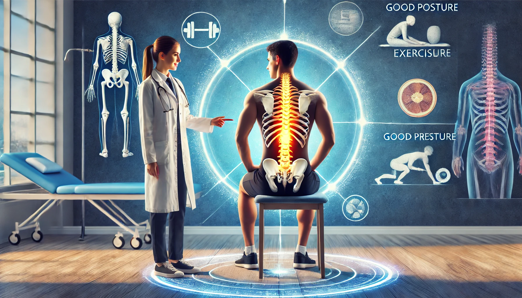 A professional medical illustration of a doctor in a white coat explaining spine health to a patient. The patient is sitting with proper posture, and a glowing spine highlights key areas of concern. Surrounding the scene are visual icons representing exercises, good posture, stretching, and healthy lifestyle tips. The background features a calming blue medical theme, symbolizing expert care at Dr. Rao’s Hospital.