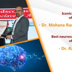 Dr. Mohana Rao Patibandla holding the Iconic Neurosurgeon of the Year 2022 certificate presented by KIRAN BEDI (Medilinks India & Brandscouncil)