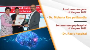 Dr. Mohana Rao Patibandla holding the Iconic Neurosurgeon of the Year 2022 certificate presented by KIRAN BEDI (Medilinks India & Brandscouncil)