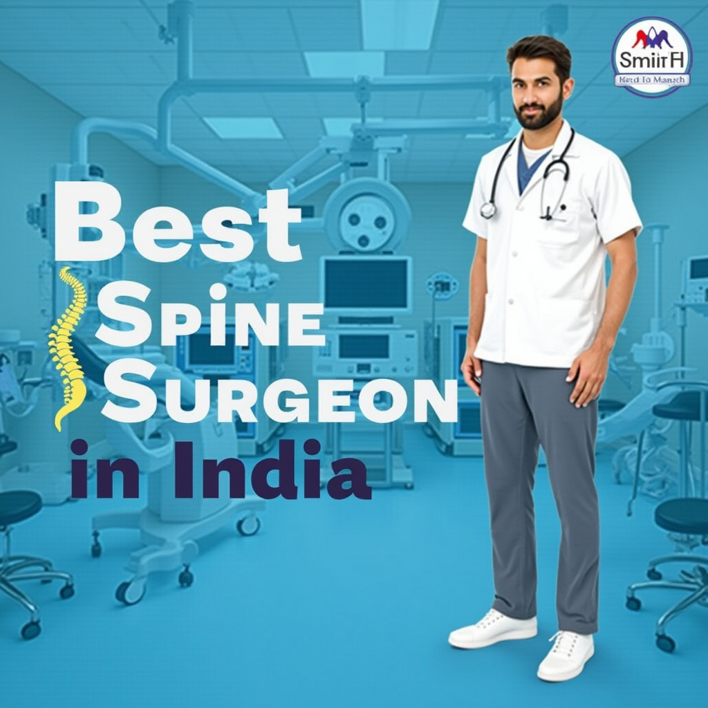 A confident male doctor in white coat and stethoscope standing in a modern operation theater with the text "Best Spine Surgeon in India" alongside a spine illustration.