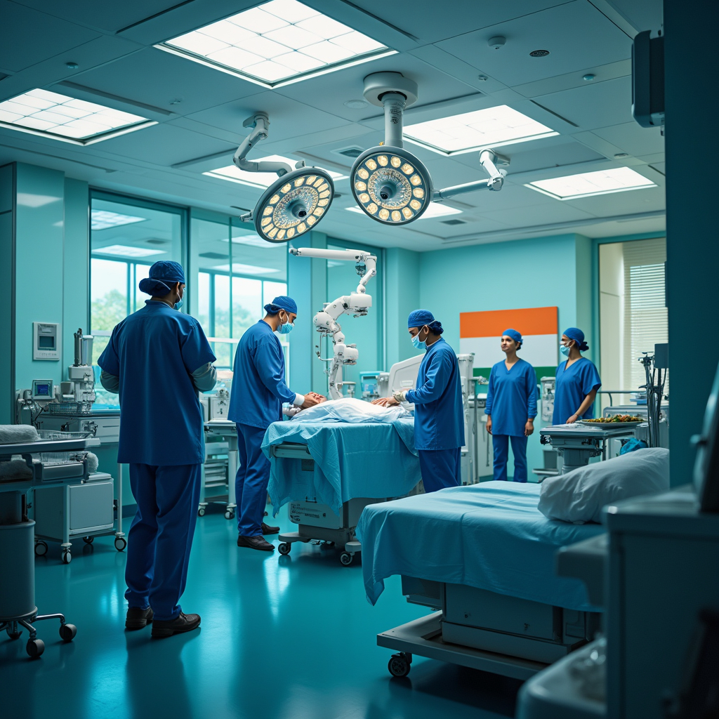 A team of surgeons in blue scrubs performing a surgery in a high-tech, modern operating room with advanced medical equipment and lighting.