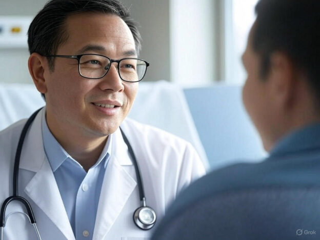 A doctor in a white coat with a stethoscope around their neck speaks with a patient in a medical office, with a hospital bed and window in the background.