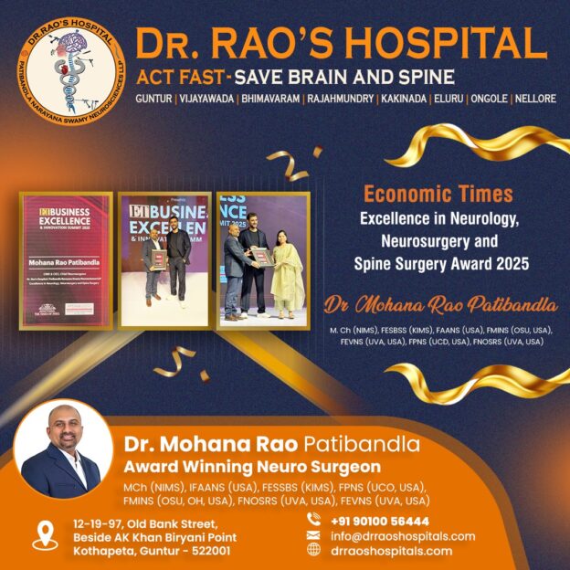 A promotional image for Dr. Rao's Hospital featuring Dr. Mohana Rao Patibandla receiving the Economic Times Excellence in Neurology, Neurosurgery, and Spine Surgery Award 2025. The image includes photos of the award ceremony, a portrait of Dr. Patibandla, and details about his qualifications (MCh, FESBS, FAANS, etc.) and contact information. The hospital's locations (Guntur, Vijayawada, Bhimavaram, Rajahmundry, Kakinada, Eluru, Ongole, Nellore) and the slogan "Act Fast - Save Brain and Spine" are highlighted, along with a map and phone number.