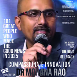 Cover of Rich Man Magazine featuring Dr. Mohana Rao Patibandla speaking into a microphone, honored for compassionate innovation in minimally invasive neurosurgery, December 2025 issue.