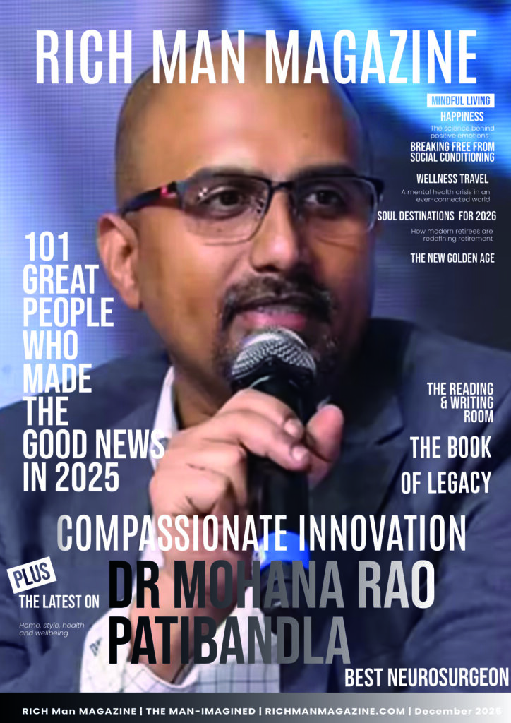 Cover of Rich Man Magazine featuring Dr. Mohana Rao Patibandla speaking into a microphone, honored for compassionate innovation in minimally invasive neurosurgery, December 2025 issue.