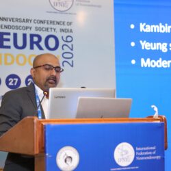 Dr. Mohana Rao Patibandla presenting on Percutaneous Endoscopic Lumbar Discectomy (PELD) at NEUROENDOCON 2026 conference in Jaipur