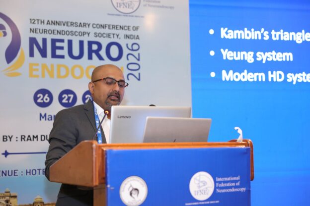 Dr. Mohana Rao Patibandla presenting on Percutaneous Endoscopic Lumbar Discectomy (PELD) at NEUROENDOCON 2026 conference in Jaipur