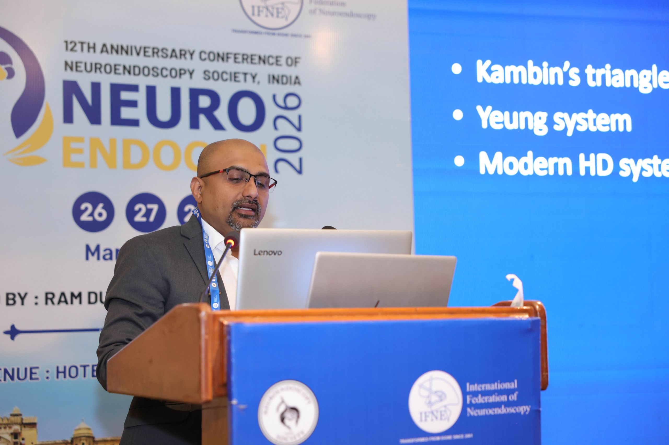 Dr. Mohana Rao Patibandla presenting on Percutaneous Endoscopic Lumbar Discectomy (PELD) at NEUROENDOCON 2026 conference in Jaipur
