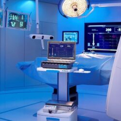 Intraoperative neuromonitoring system displaying real-time brain and spinal cord signals in a neurosurgery operating room