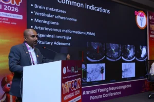 YNFCON Dr. Mohana Rao Patibandla presenting common indications for stereotactic radiosurgery at YNFCON 2026 Mumbai