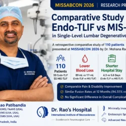 Dr. Rao in a neurosurgical operating room alongside an infographic summarising his 110-patient Endo-TLIF versus MIS-TLIF study presented at MISSABCON 2026.