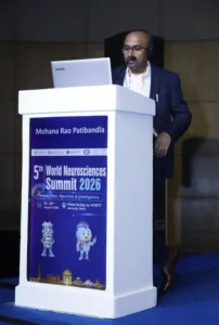 Dr. Mohana Rao Patibandla delivering the keynote lecture on White Matter-Sparing Brain Surgery at the 5th World Neurosciences Summit 2026 in New Delhi, India.