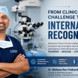 Dr. Rao, neurosurgeon at Dr. Rao’s Hospital in Guntur, standing in a modern operating room with a surgical microscope and brain imaging, representing research and international recognition in minimally invasive neurosurgery.