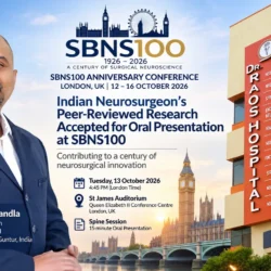 Dr. Mohana Rao Patibandla presenting peer-reviewed spine neurosurgery research at the SBNS100 100th Anniversary Conference in London, UK, representing Dr. Rao's Hospital, Guntur.