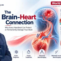 World Heart Day 2026 Brain-Heart Connection illustration showing a glowing human brain connected to an anatomical heart through neural and vascular pathways representing stroke prevention and neurocardiology.