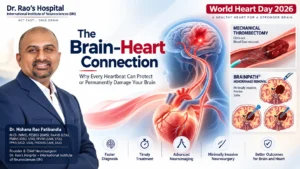 World Heart Day 2026 Brain-Heart Connection illustration showing a glowing human brain connected to an anatomical heart through neural and vascular pathways representing stroke prevention and neurocardiology.