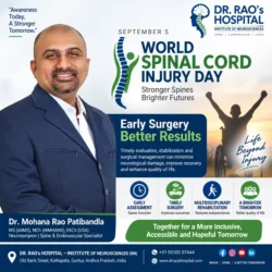 World Spinal Cord Injury Day 2026 awareness poster featuring Dr. Mohana Rao Patibandla, Founder and Senior Consultant Neurosurgeon at Dr. Rao's Hospital – International Institute of Neurosciences (IIN), Guntur, Andhra Pradesh. The poster highlights the message “Early Surgery. Better Results.” and promotes early assessment, timely spinal surgery, multidisciplinary rehabilitation, and better quality of life after spinal cord injury. It marks September 5 as World Spinal Cord Injury Day and encourages rapid neurological evaluation after spine trauma to improve recovery and reduce permanent disability.