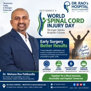 World Spinal Cord Injury Day 2026 awareness poster featuring Dr. Mohana Rao Patibandla, Founder and Senior Consultant Neurosurgeon at Dr. Rao's Hospital – International Institute of Neurosciences (IIN), Guntur, Andhra Pradesh. The poster highlights the message “Early Surgery. Better Results.” and promotes early assessment, timely spinal surgery, multidisciplinary rehabilitation, and better quality of life after spinal cord injury. It marks September 5 as World Spinal Cord Injury Day and encourages rapid neurological evaluation after spine trauma to improve recovery and reduce permanent disability.