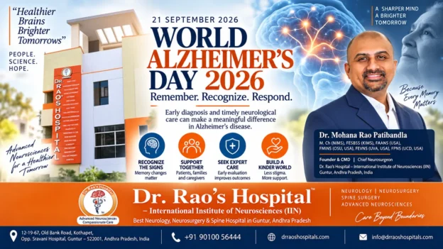 Dr. Mohana Rao Patibandla at Dr. Rao's Hospital – International Institute of Neurosciences (IIN), Guntur, promoting World Alzheimer's Day 2026 awareness about early diagnosis, memory loss, dementia care, and brain health in Andhra Pradesh, India.