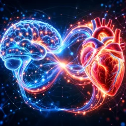 World Heart Day 2026 Brain-Heart Connection illustration showing a glowing human brain connected to an anatomical heart through neural and vascular pathways representing stroke prevention and neurocardiology.