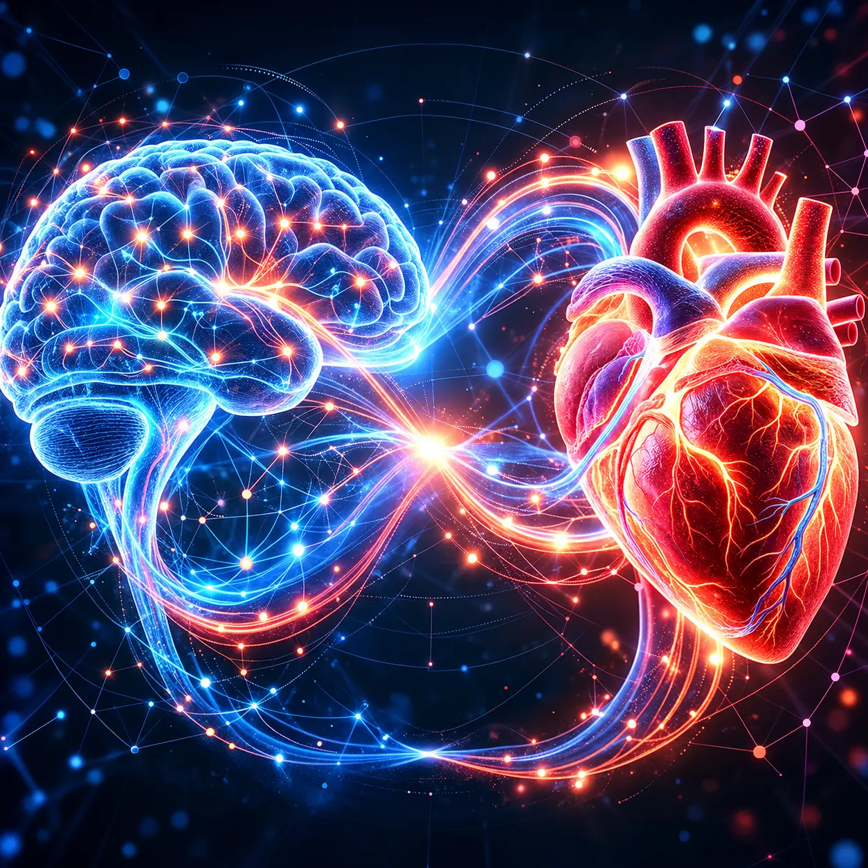 World Heart Day 2026 Brain-Heart Connection illustration showing a glowing human brain connected to an anatomical heart through neural and vascular pathways representing stroke prevention and neurocardiology.