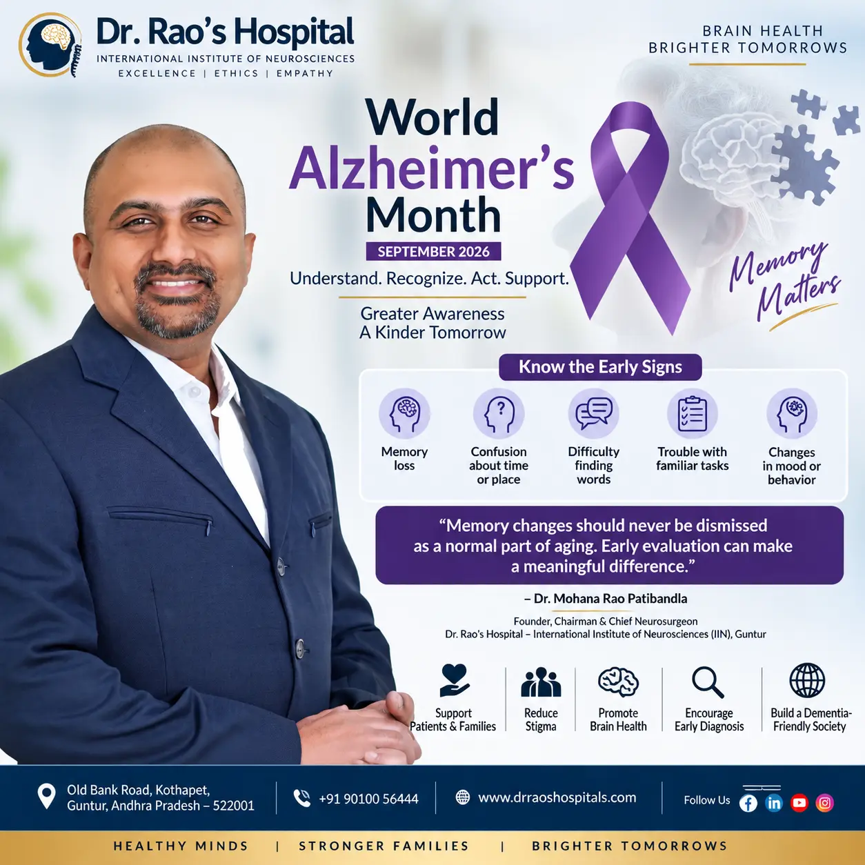 Dr. Mohana Rao Patibandla promotes World Alzheimer's Month 2026 awareness, highlighting early signs of Alzheimer's disease, memory disorders, dementia awareness, and the importance of timely neurological evaluation.