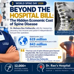 Dr. Mohana Rao Patibandla highlights the hidden economic cost of spine disease for World Spine Day 2026, featuring lumbar fixation X-ray and minimally invasive spine surgery skin incisions.