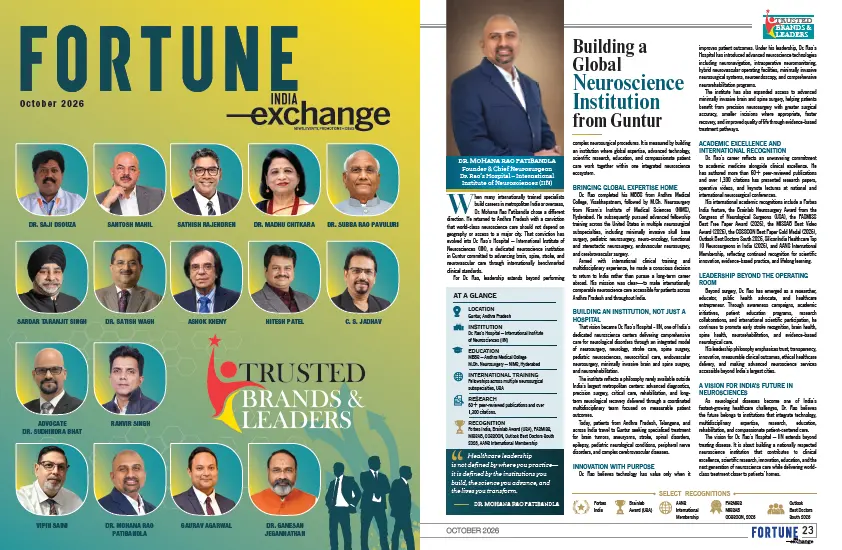 Fortune India Exchange October 2026 Trusted Brands & Leaders feature showing Dr. Mohana Rao Patibandla and his profile, “Building a Global Neuroscience Institution from Guntur.”