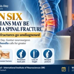World Osteoporosis Day 2026 awareness graphic featuring Dr. Mohana Rao Patibandla, an illustration of a spinal compression fracture, and warning signs including persistent back pain, loss of height and stooped posture.