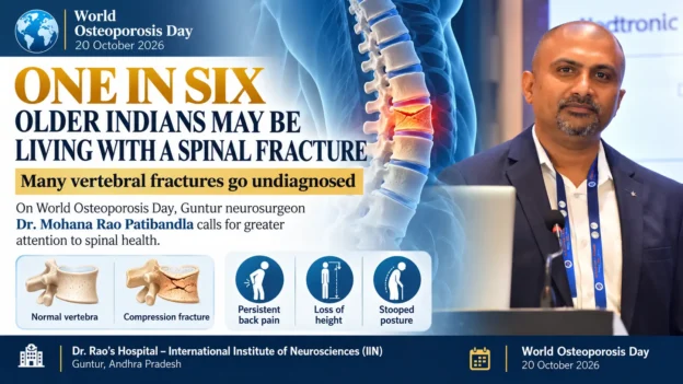 World Osteoporosis Day 2026 awareness graphic featuring Dr. Mohana Rao Patibandla, an illustration of a spinal compression fracture, and warning signs including persistent back pain, loss of height and stooped posture.