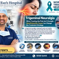 World Trigeminal Neuralgia Day infographic showing Dr. Mohana Rao Patibandla and treatment options for trigeminal neuralgia at Dr. Rao's Hospital in Guntur
