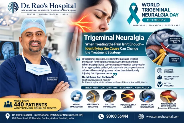 World Trigeminal Neuralgia Day infographic showing Dr. Mohana Rao Patibandla and treatment options for trigeminal neuralgia at Dr. Rao's Hospital in Guntur